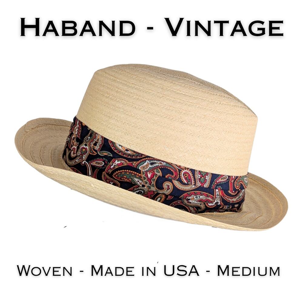 VTG Haband Panama Fedora Hat Medium 22" Natural Straw Blue Paisley Hatband USA